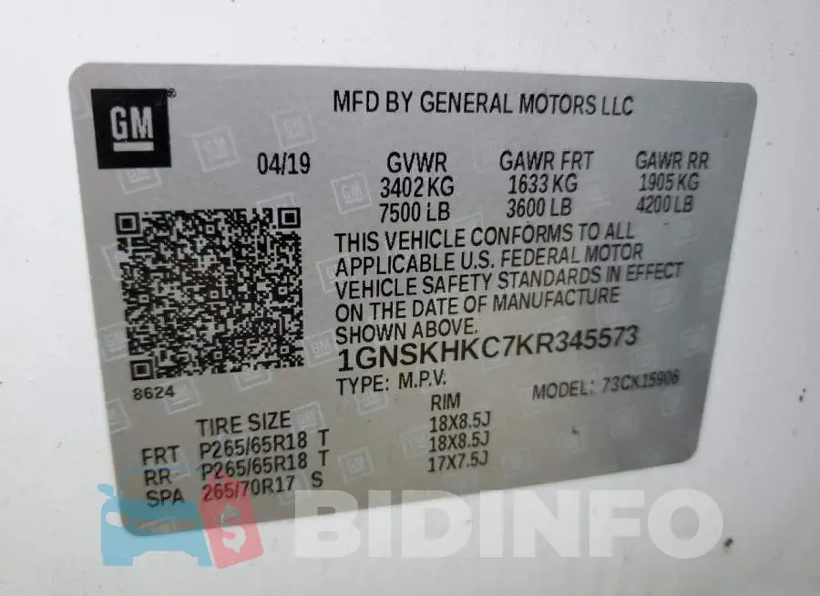 1GNSKHKC7KR345573 Photo# 13