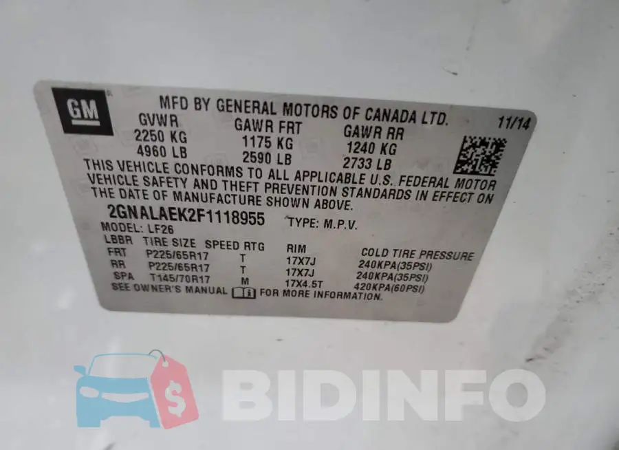 2GNALAEK2F1118955 Photo# 13
