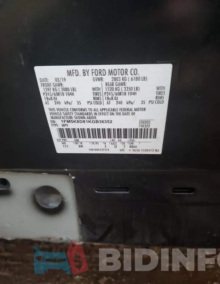 1FM5K8D81KGB36352 Photo# 14