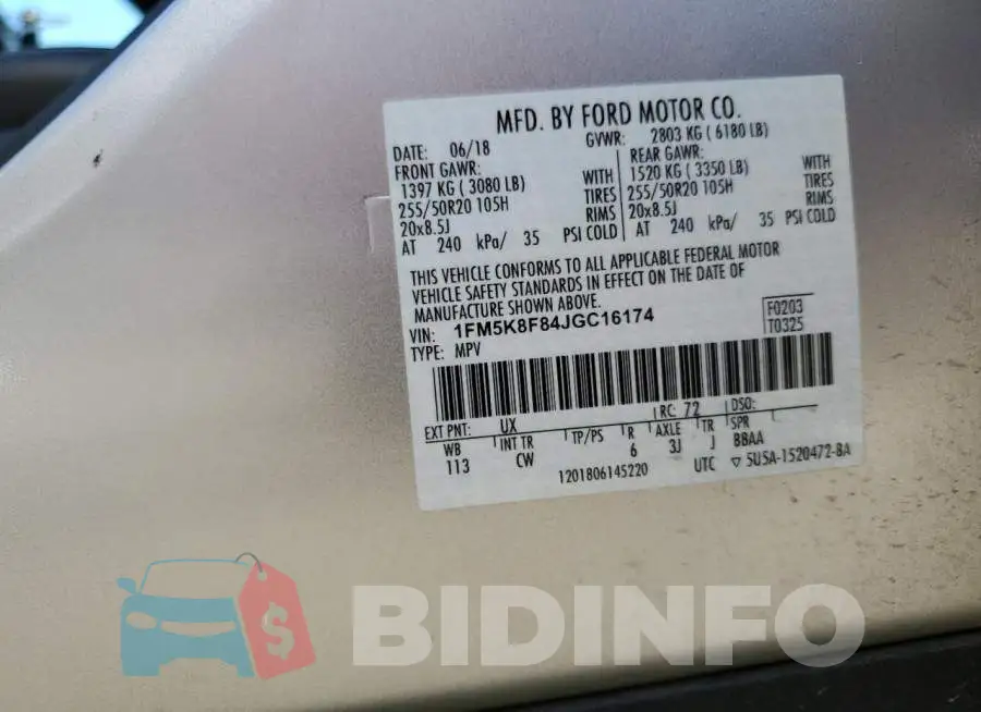 1FM5K8F84JGC16174 Photo# 14