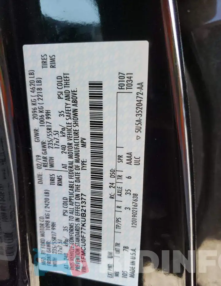 1FMCU0F77KUB21377 Photo# 13