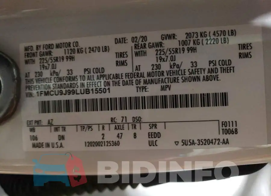 1FMCU9J99LUB15501 Photo# 12