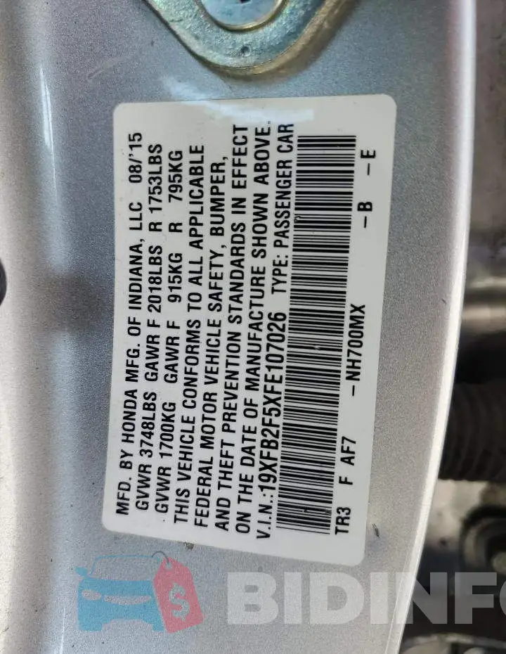 19XFB2F5XFE107026 Photo# 13