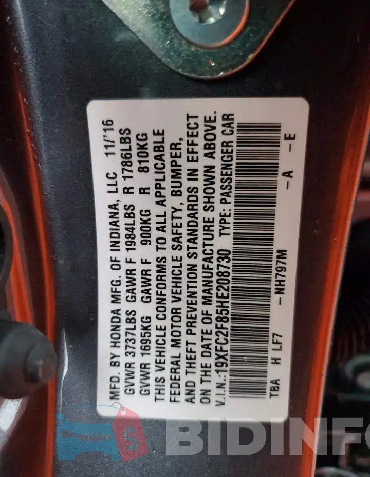 19XFC2F85HE208730 Photo# 12