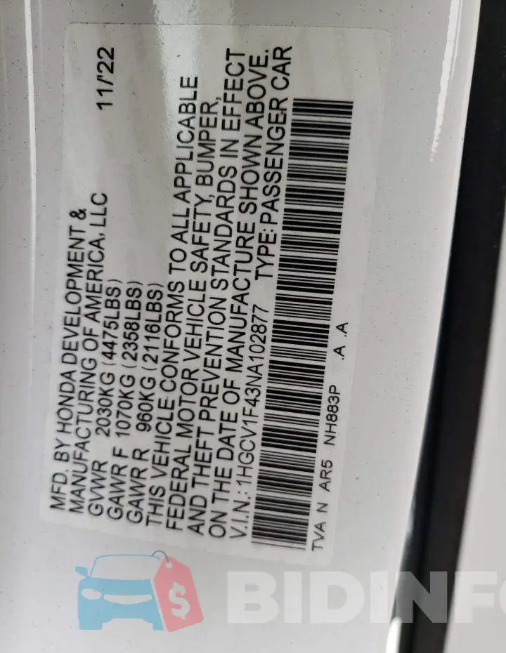 1HGCV1F43NA102877 Photo# 13