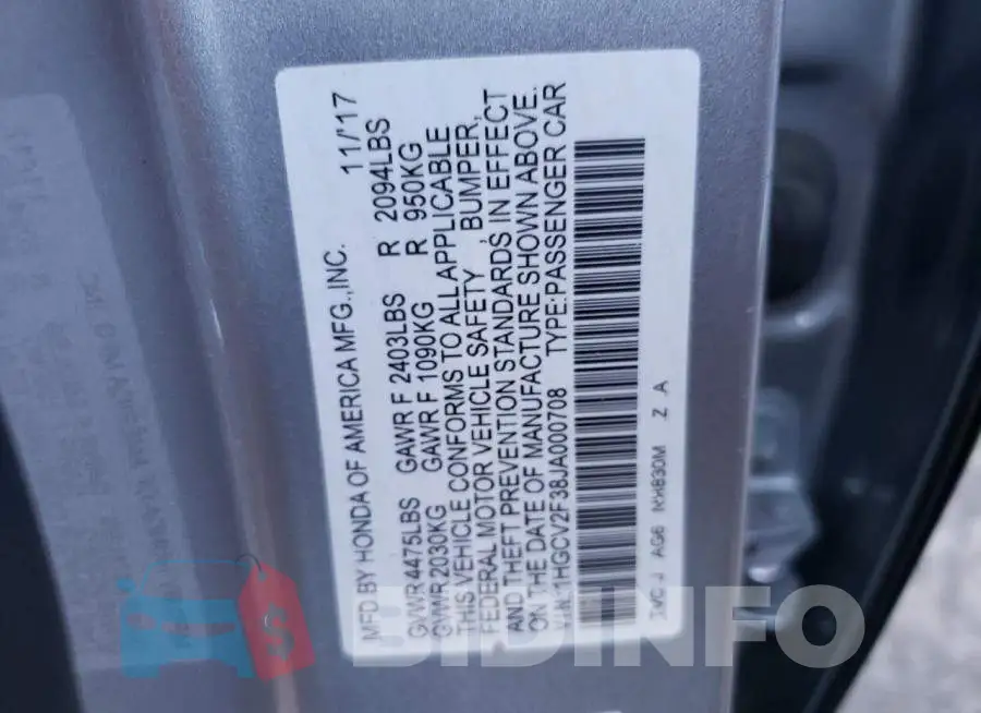 1HGCV2F38JA000708 Photo# 12