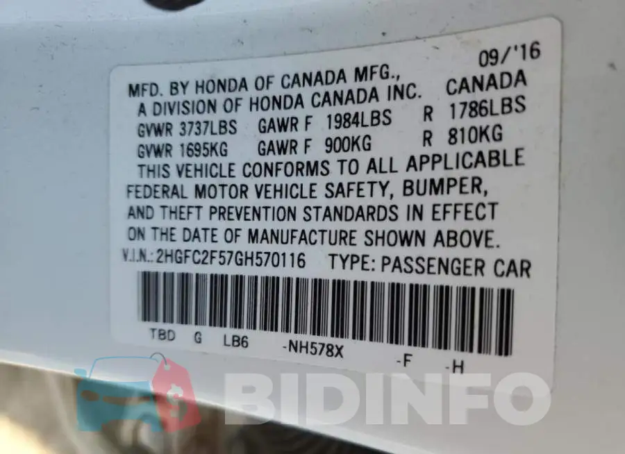 2HGFC2F57GH570116 Photo# 12