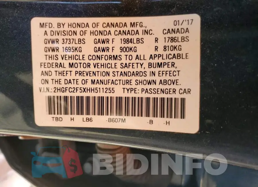 2HGFC2F5XHH511255 Photo# 12