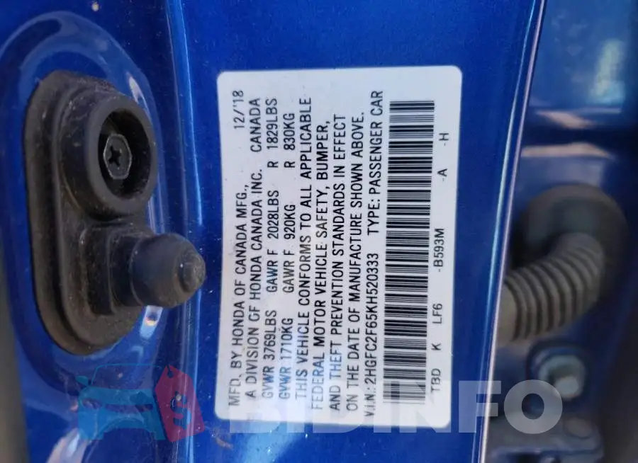 2HGFC2F65KH520333 Photo# 12