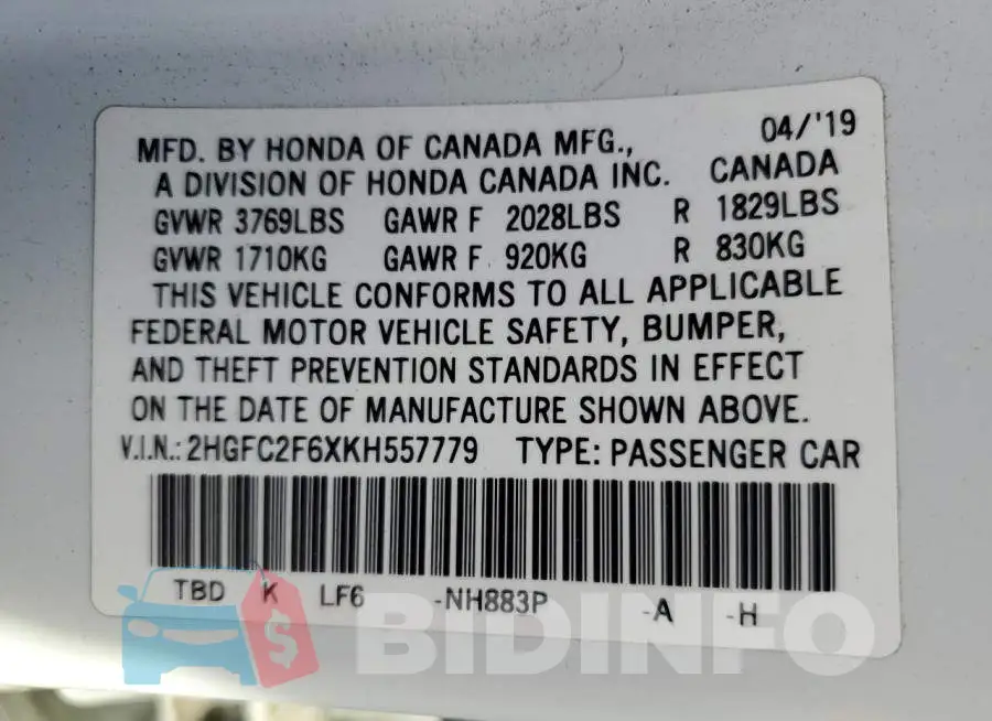 2HGFC2F6XKH557779 Photo# 13