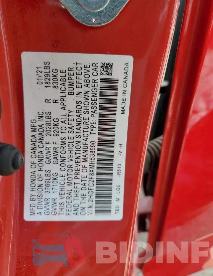 2HGFC2F8XMH538590 Photo# 13
