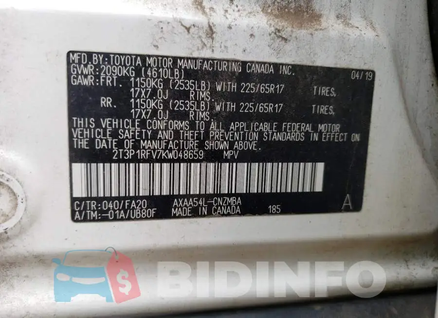 2T3P1RFV7KW048659 Photo# 12