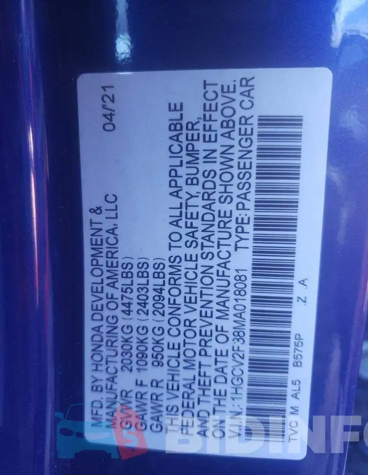 1HGCV2F38MA018081 Photo# 12