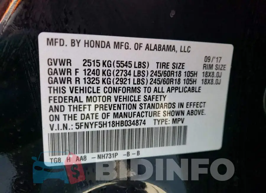 5FNYF5H18HB034874 Photo# 13