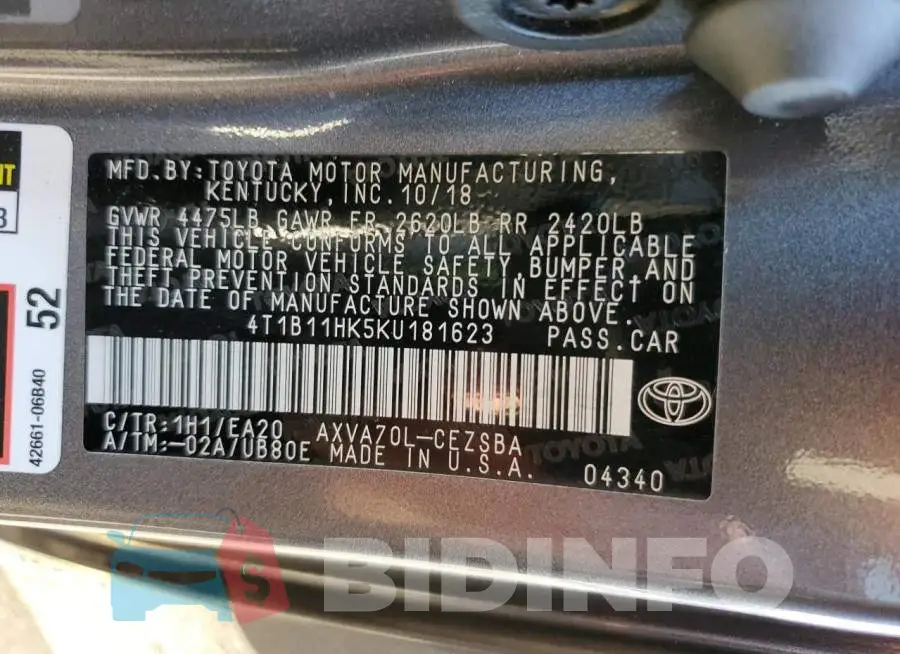 4T1B11HK5KU181623 Photo# 12