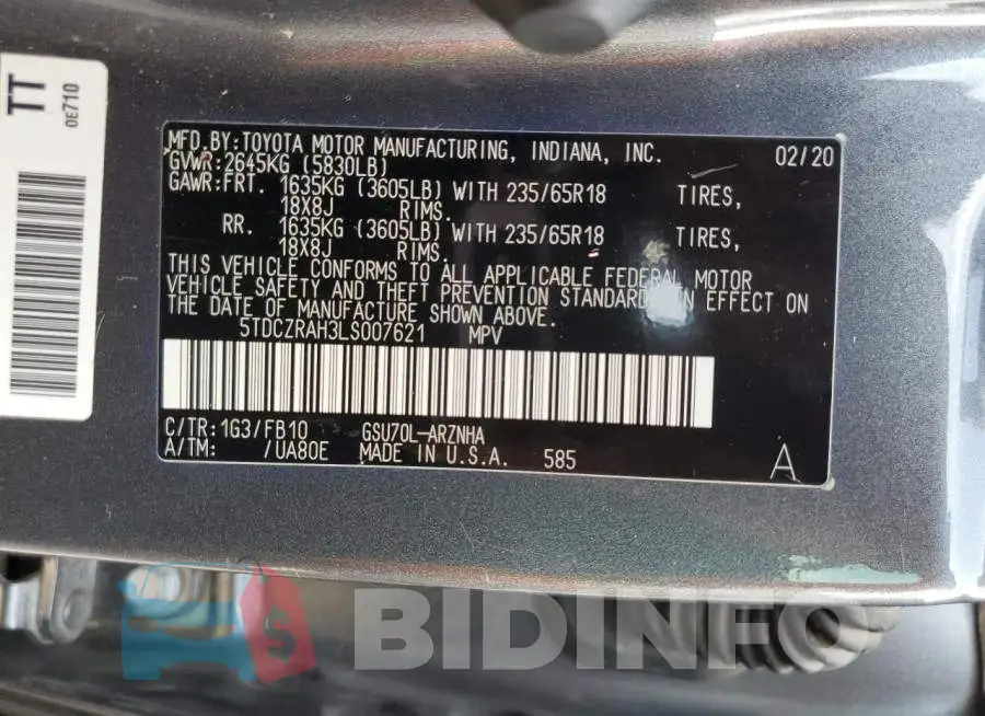 5TDCZRAH3LS007621 Photo# 13