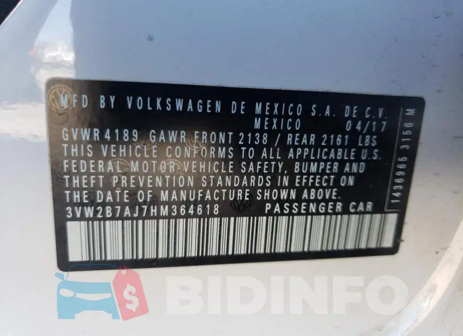 3VW2B7AJ7HM364618 Photo# 12
