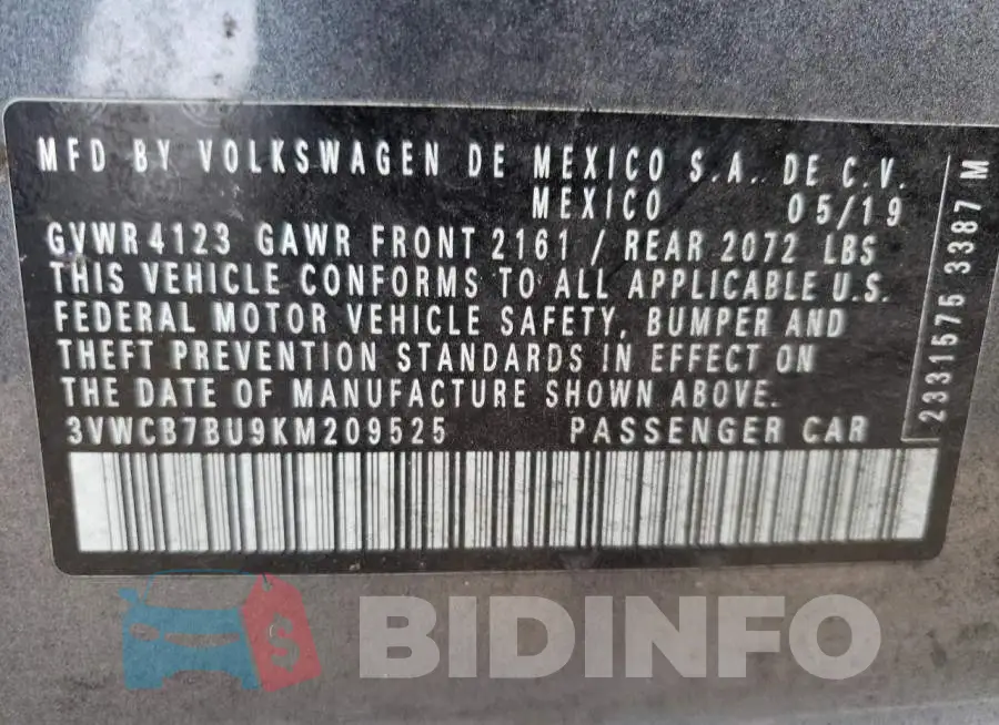 3VWCB7BU9KM209525 Photo# 12