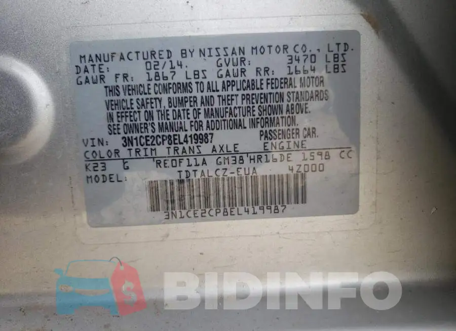 3N1CE2CP8EL419987 Photo# 12