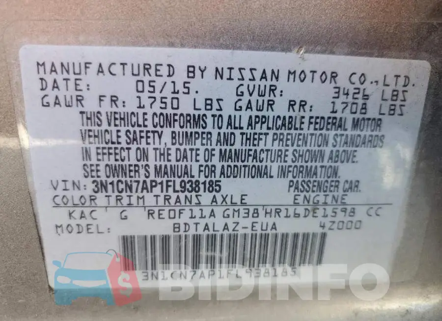3N1CN7AP1FL938185 Photo# 13
