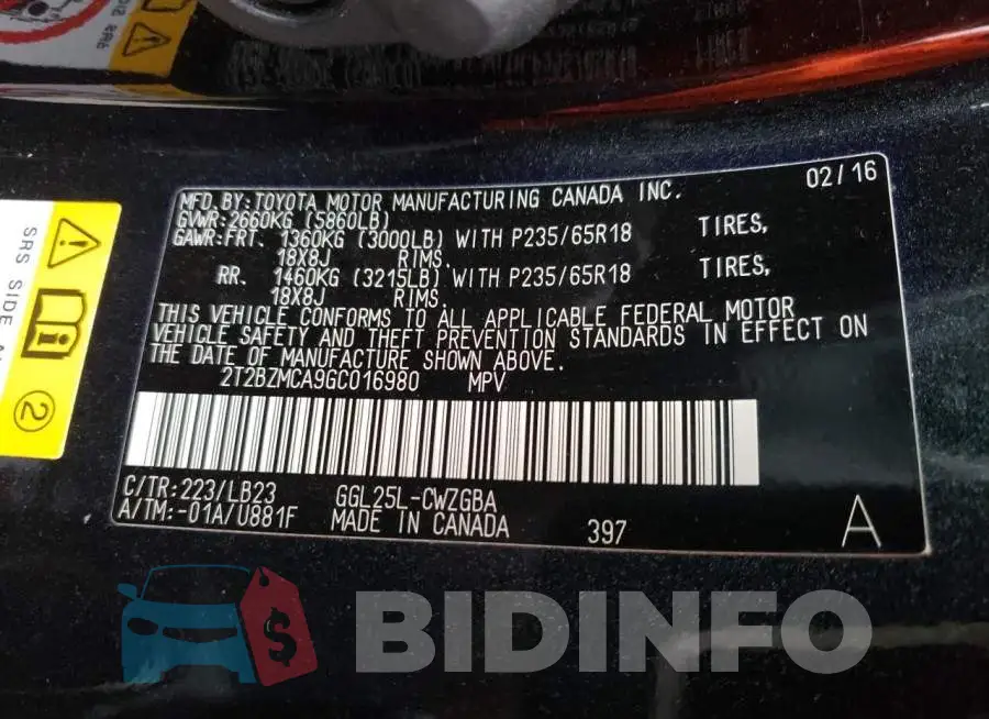 2T2BZMCA9GC016980 Photo# 14