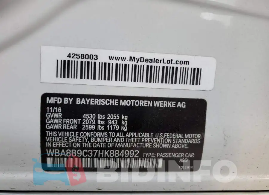 WBA8B9C37HK884992 Photo# 13