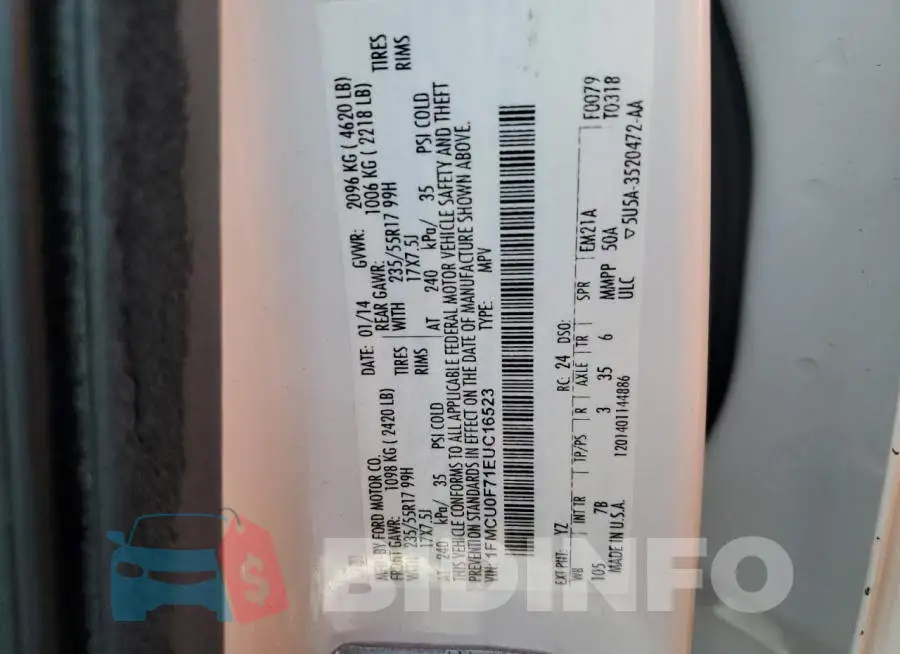 1FMCU0F71EUC16523 Photo# 13