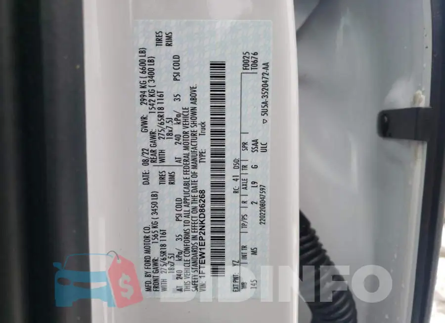 1FTEW1EP2NKD86268 Photo# 12