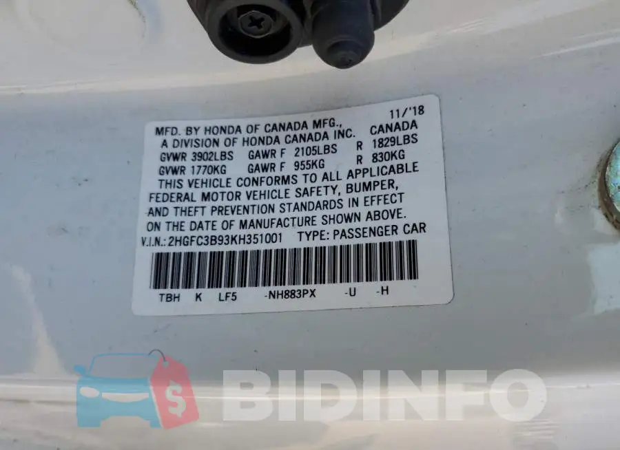 2HGFC3B93KH351001 Photo# 10