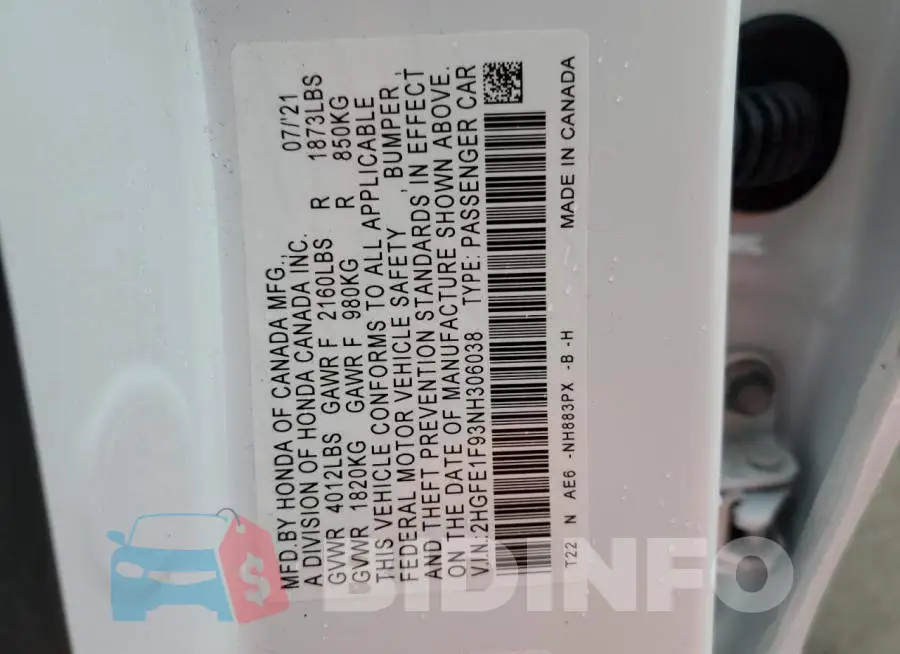 2HGFE1F93NH306038 Photo# 12