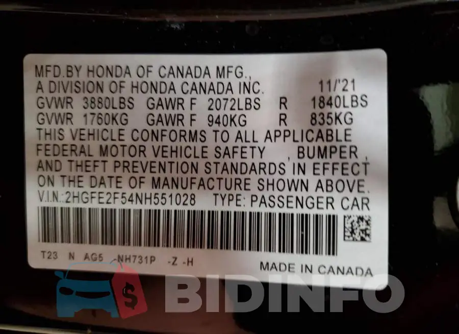 2HGFE2F54NH551028 Photo# 12