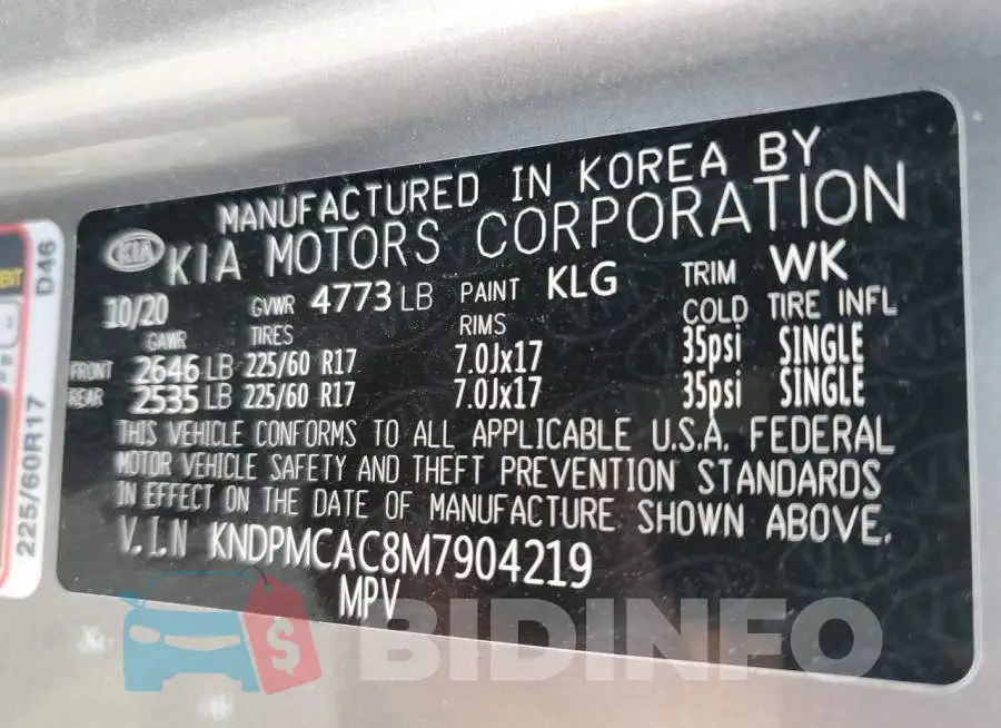 KNDPMCAC8M7904219 Photo# 12