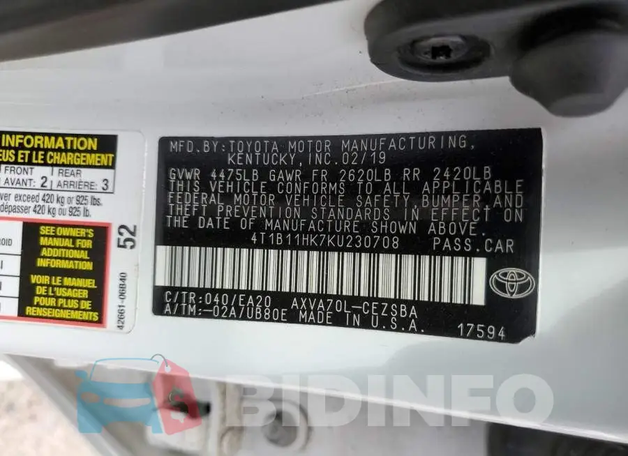 4T1B11HK7KU230708 Photo# 12