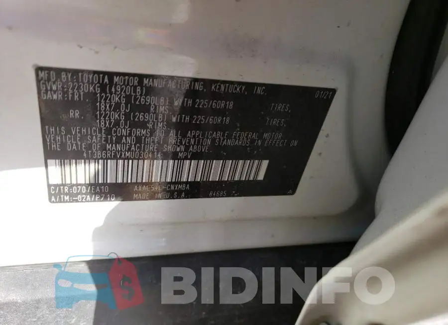 4T3B6RFVXMU030414 Photo# 13
