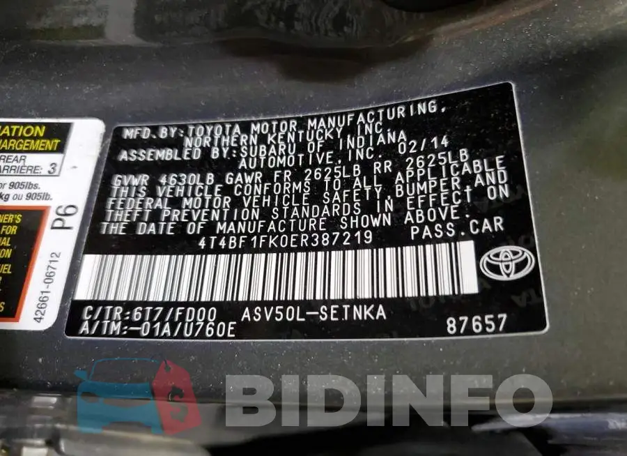 4T4BF1FK0ER387219 Photo# 13