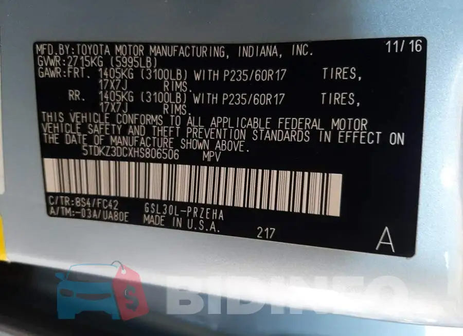 5TDKZ3DCXHS806506 Photo# 13
