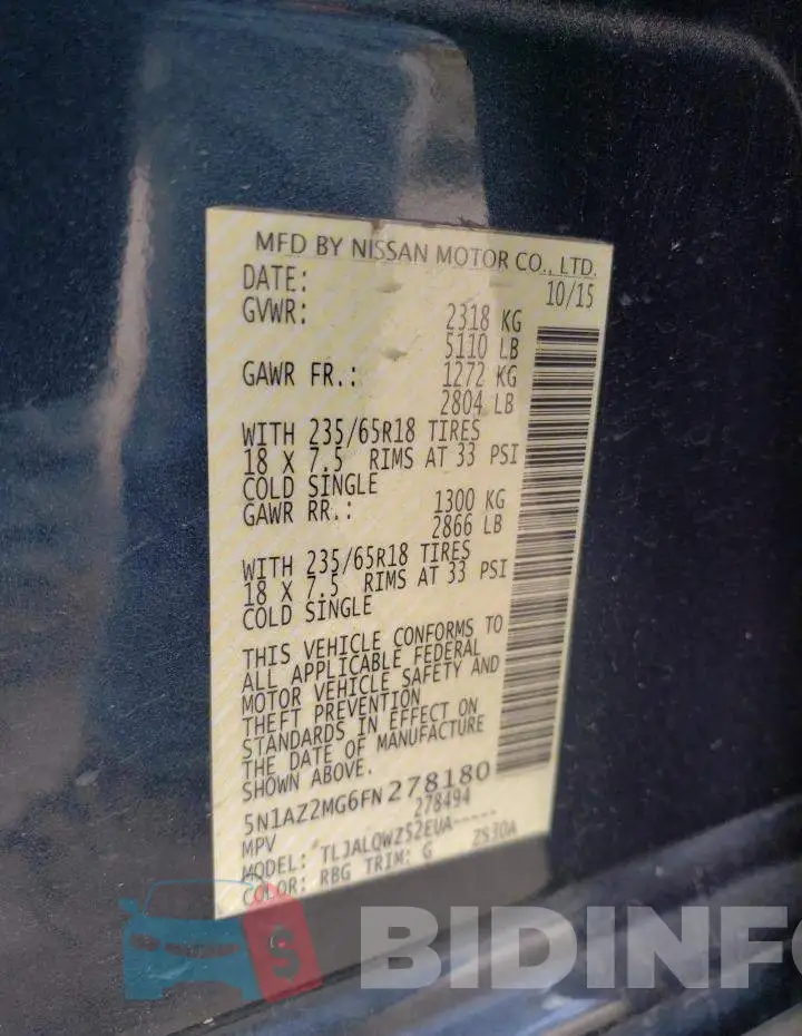 5N1AZ2MG6FN278180 Photo# 13