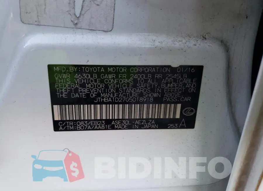 JTHBA1D27G5018918 Photo# 12