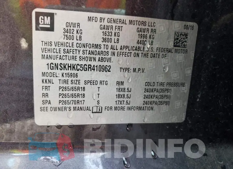1GNSKHKC5GR410962 Photo# 13