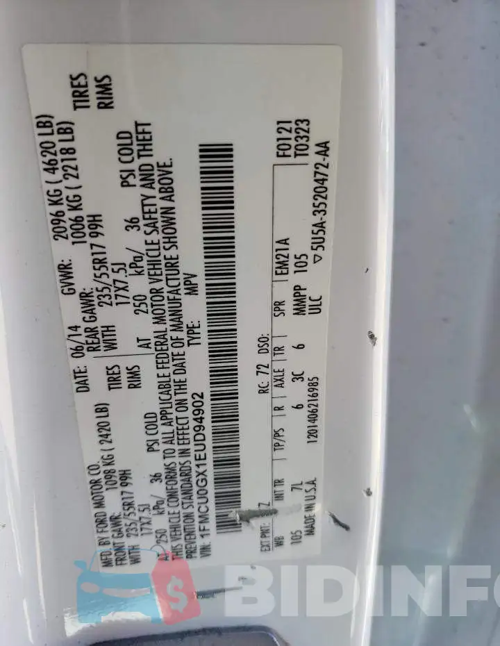 1FMCU0GX1EUD94902 Photo# 13