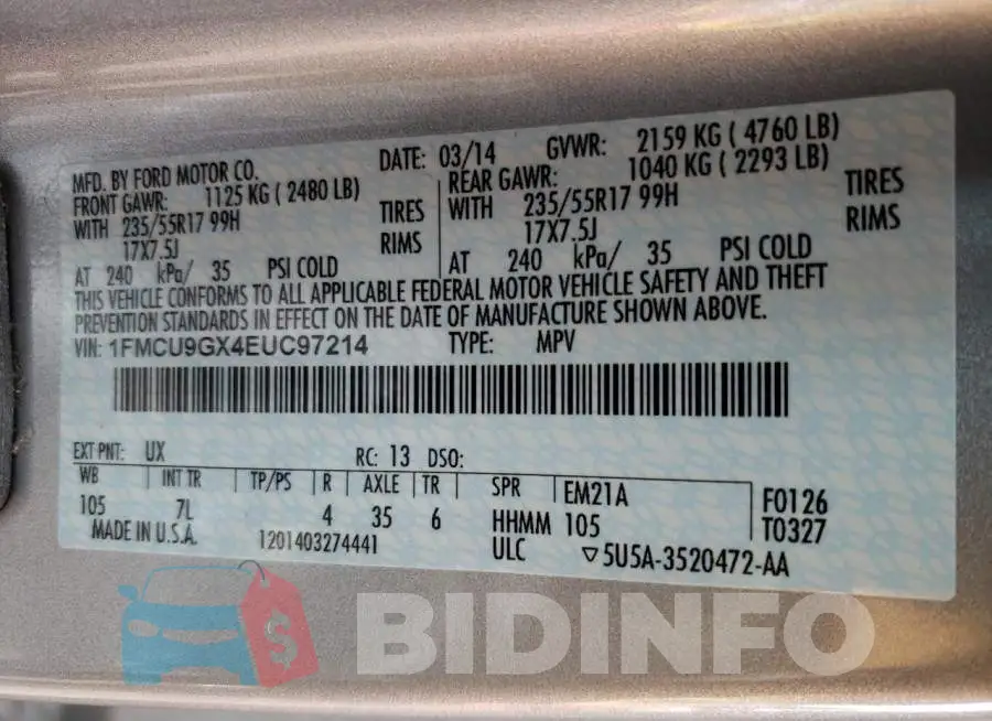 1FMCU9GX4EUC97214 Photo# 14