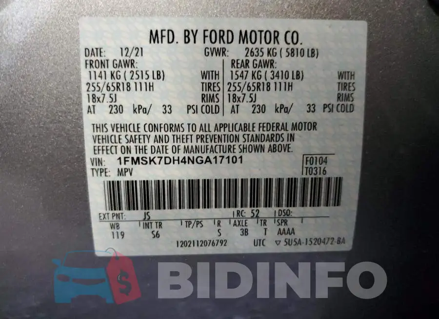 1FMSK7DH4NGA17101 Photo# 14