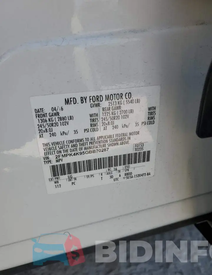 2FMPK4K95GBB70287 Photo# 14