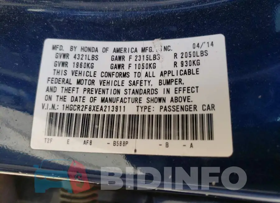 1HGCR2F8XEA213911 Photo# 12