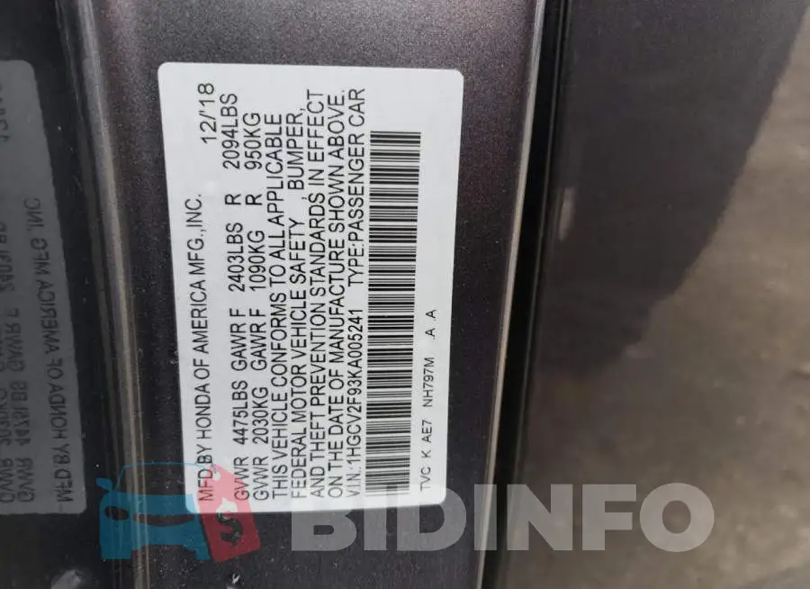 1HGCV2F93KA005241 Photo# 12