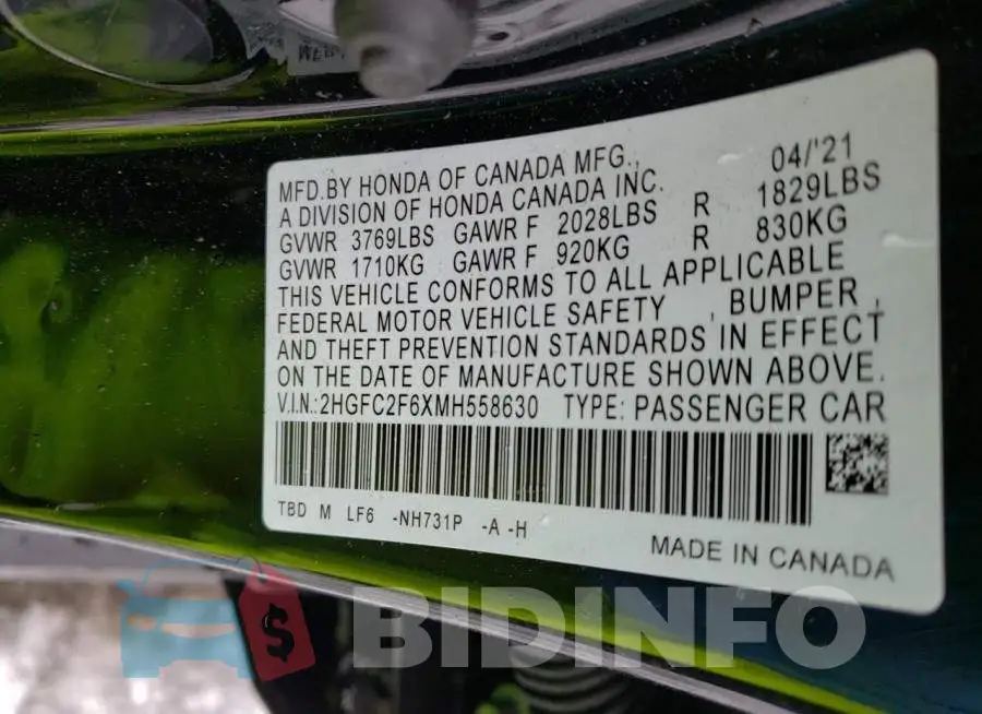 2HGFC2F6XMH558630 Photo# 12