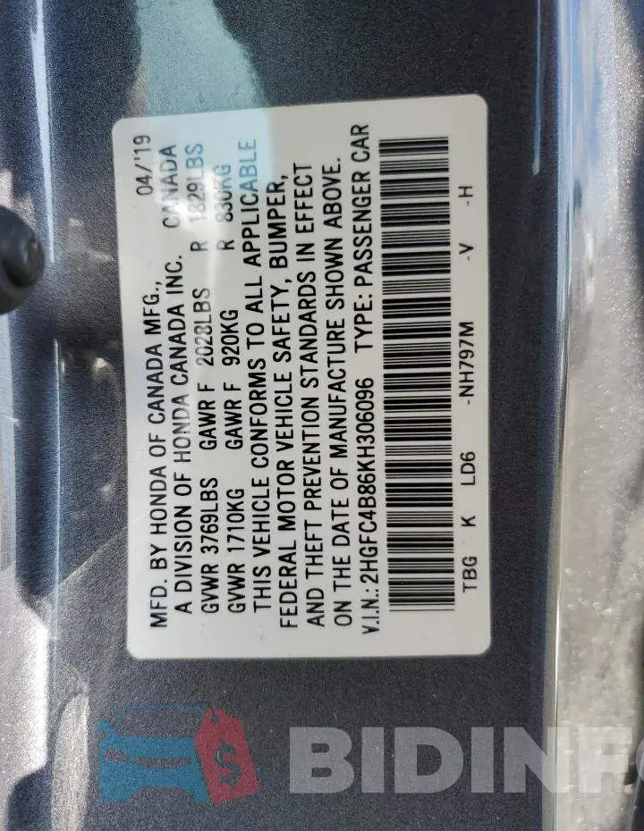 2HGFC4B86KH306096 Photo# 12
