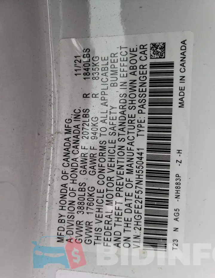 2HGFE2F57NH550441 Photo# 12