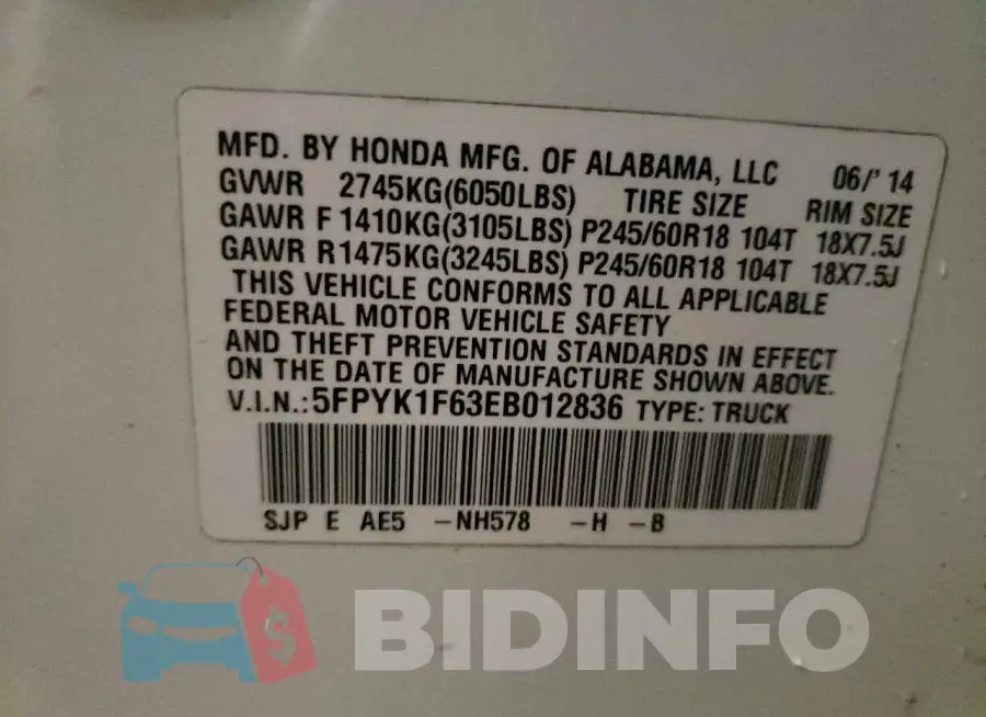 5FPYK1F63EB012836 Photo# 12