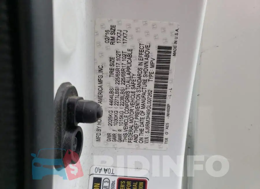 5J6RM3H49GL007262 Photo# 12